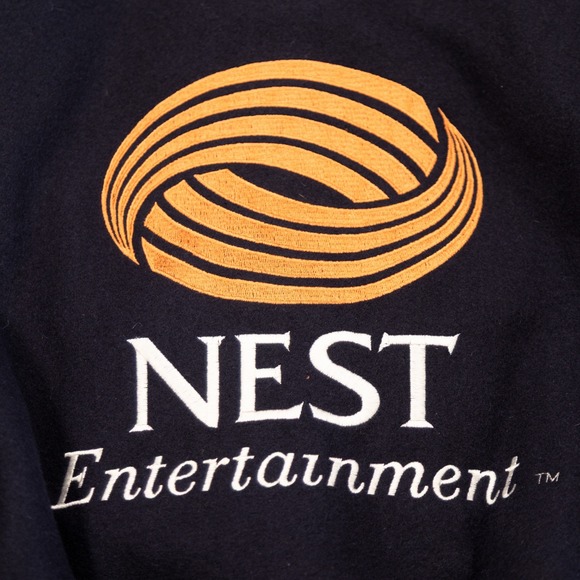 NEST ENTERTAINMENT Mens L Navy Wool Satin Embroidered Logo Varsity Bomber Jacket - Picture 6 of 9